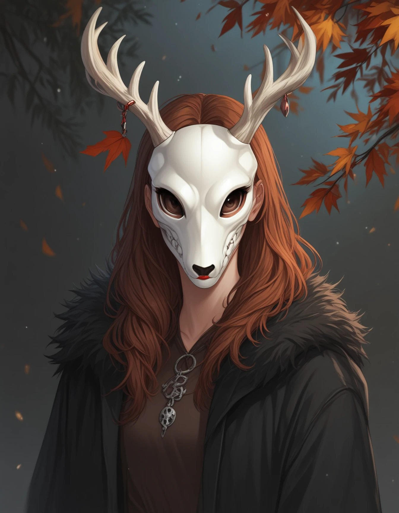 score_9, score_8_up, score_7_up, score_6_up, score_5_up, score_4_up, source_anime, BREAK,  1girl, animal skull, antlers, autumn leaves, black coat, brown hair, closed mouth, deermask, dress, gradient, long hair, mask, red lips, solo, upper body,  <lora:DeerMask:1>