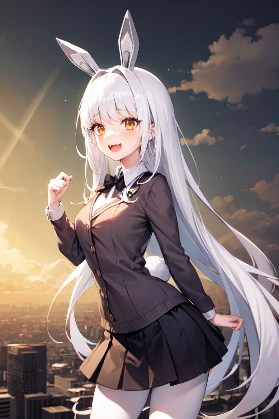 (high quality), (best quality), (dramatic lighting), (god rays),
gradient background, city, sky, day, clouds, 
refraction, caustics, rim lights, backlighting, bloom,
1girl, solo,
blanc, very long hair, medium breasts, white hair, pale skin, skin fang, open mouth, happy, 
rabbit ears, rabbit tail, sweater, skirt, pantyhose, 
<lora:Blanc-v1-SD1.5:1>
