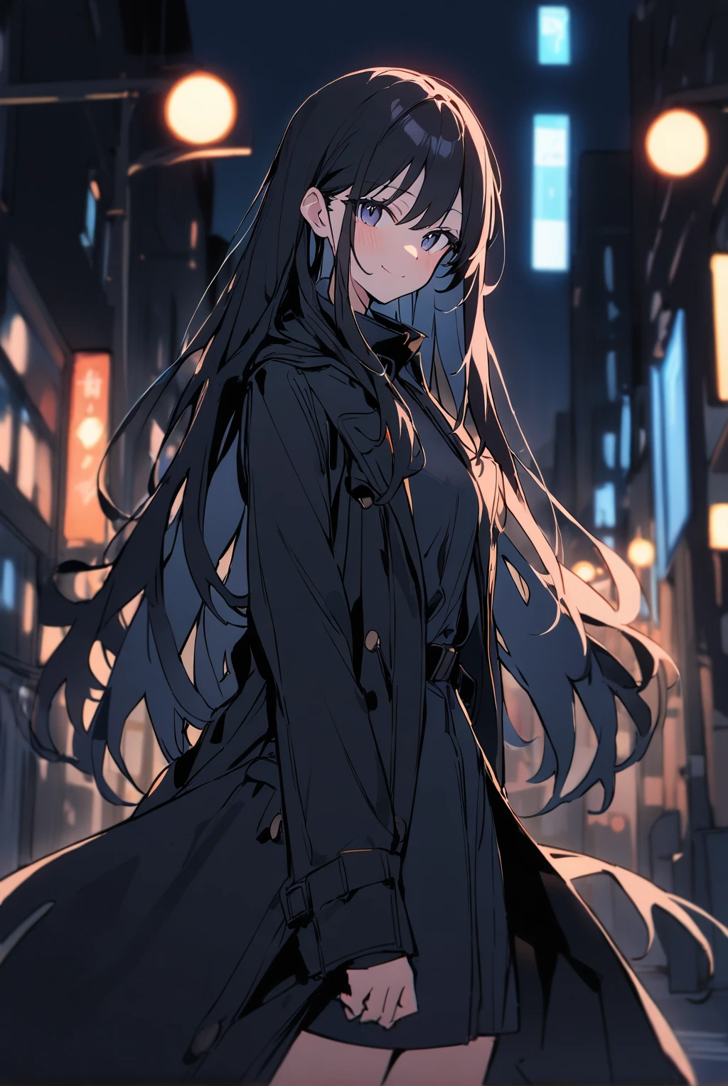 1girl, solo, teen, cowboy shot, (depth of field:1.2), (night), (long coat), downtown, (street light:1.1), (Fantastic lighting), looking at viewer, black hair, long hair, [smile], (Closed mouth), 
best quality, newest, absurdres