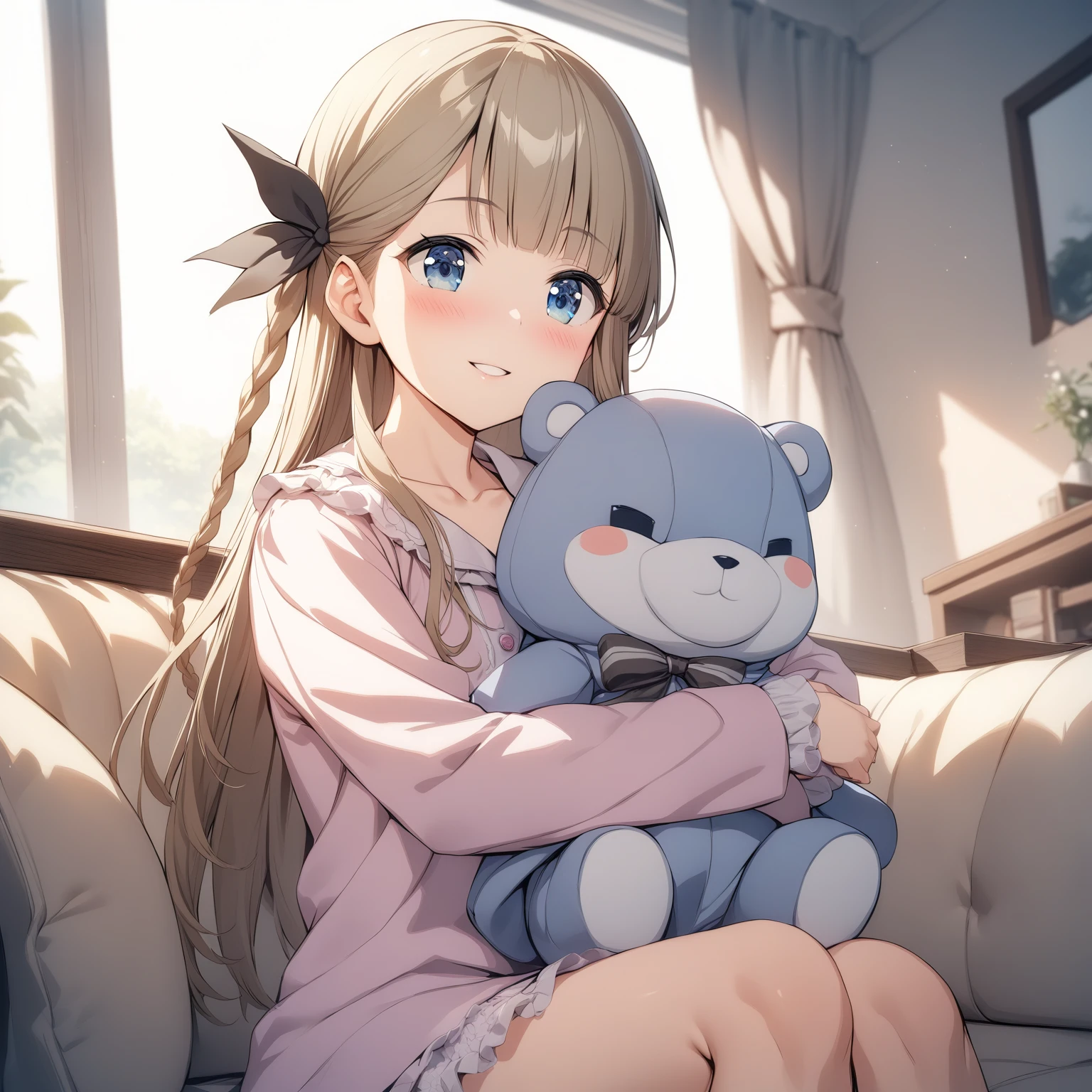 [high quality, best quality], cinematic, 1girl, solo, narumiya suzu, hair bow, pajamas, hugging stuffed toy, sitting on sofa, living room, smile, blush, bloom, hdr, <lora:suz:0.72>