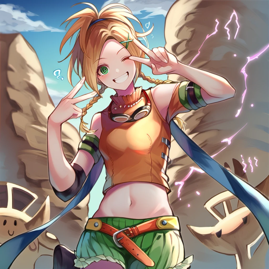 score_9, score_8_up, score_7_up, score_6_up, score_5_up, score_4_up, source_anime, source_safe, BREAK
1girl, rikku \(ff10\), final fantasy x, green shorts, orange shirt, short sleeves, bare shoulders, small breasts, petite, twin braids, goggles headphones around neck, navel, midriff, @_@, @ @, green eyes, BREAK
standing, looking at viewer, smile, one eye closed, v, hand gesture,
<lora:ponyxl-rikku_(ff10)-character-v01:1>