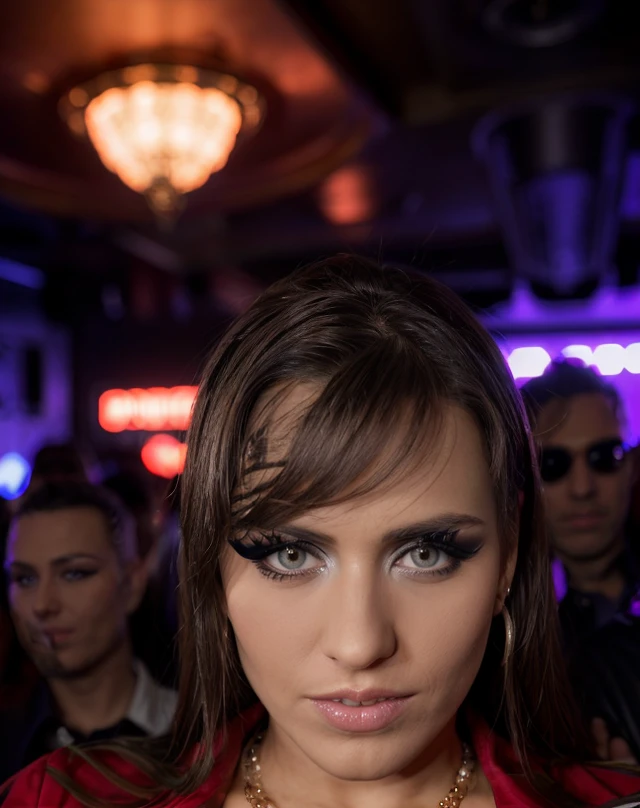 cinematic photo  <lora:quiron_MeaMelone_v1_Lora:0.87> MeaMeloneQuiron,  . 35mm photograph, film, bokeh, professional, 4k, highly detailed, ,realistic,intricate detailed,  flash photography,   realistic, amazing photo of a pretty woman  wearing standard-bearer clothes, makeup, at blurred background crowded nightclub party background,