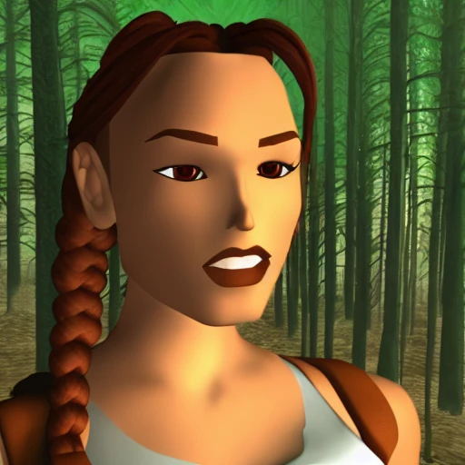 <lora:Vintage_Lara_Croft:1> 1 girl, solo, brown hair, single braid, ((brown eyes)), wearing tank top, lips, looking at the viewer, close up ((portrait)), focus on face, blurred background, mushroom forest