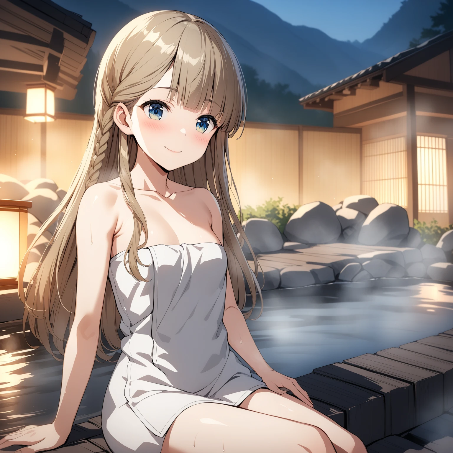 (top-quality、masterpiece、very high res,An ultra-high picture quality,2.5th dimension 1.5)、(A 24-year-old beautiful girl with perfect and ultimate beauty..,beautiful breasts and figure,Beautiful body,美丽的面容,Strong-willed eyes,Have a bright smile,line of sight,Mouth opens:1.5)、(silber hair、Red hair、a blond、Brown hair 1.5)、(Beautiful skins、realistic skin textures、Perfect Style 1.5)、(((fullnude,Pubic hair is visible:1.5)))、(Wooden open-air bath、hot onsen、ryokan、Beautiful cherry blossoms 1.2)、(model poses、Gesture to trim hair by hand 1.2)、