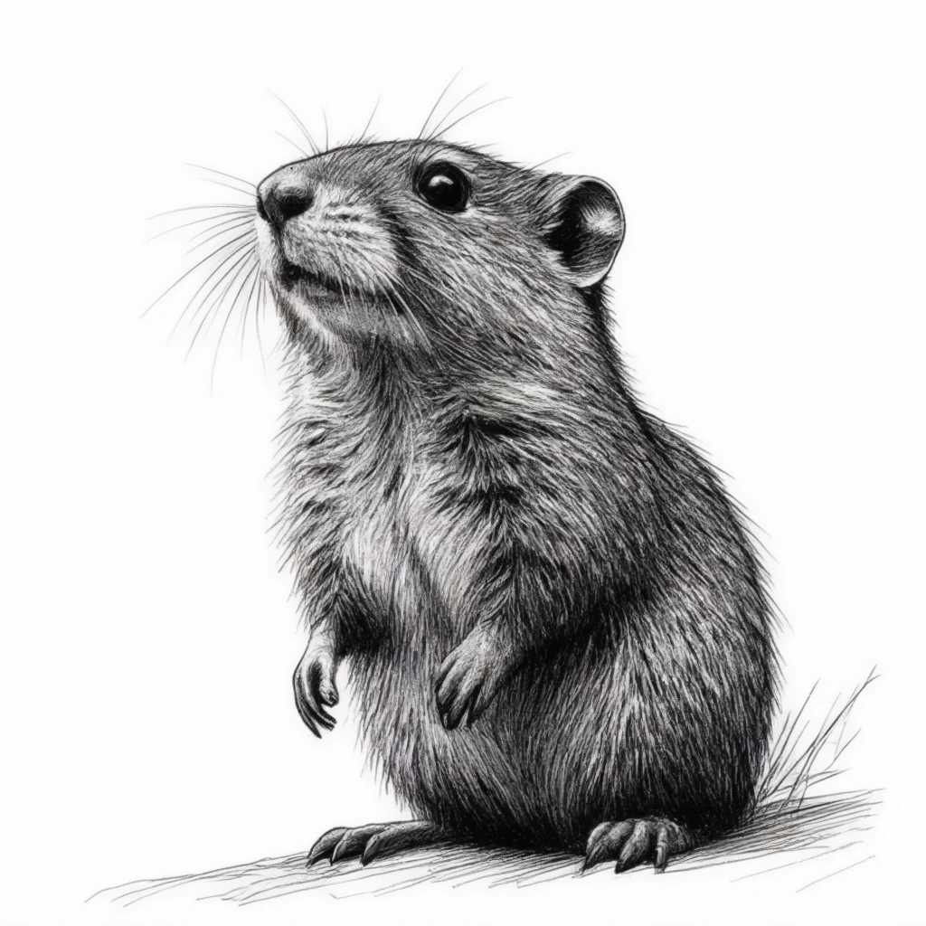 a black and white sketch of a gopher looking up, white background