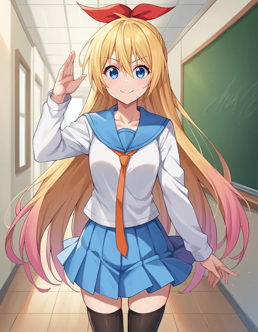 score_9, score_8_up, score_7_up, source_anime,
chitogekirisaki, <lora:chitoge-kirisaki-ponyxl-lora-nochekaiser:1>,
chitoge kirisaki, long hair, blue eyes, blonde hair, ribbon, hair between eyes, very long hair, hair ribbon, multicolored hair, red ribbon, gradient hair, smile,
skirt, shirt, thighhighs, school uniform, collarbone, white shirt, pleated skirt, necktie, serafuku, sailor collar, red ribbon, blue skirt, blue sailor collar,
indoors, classroom, hallway,
looking at viewer, cowboy shot, dutch angle, dynamic pose,