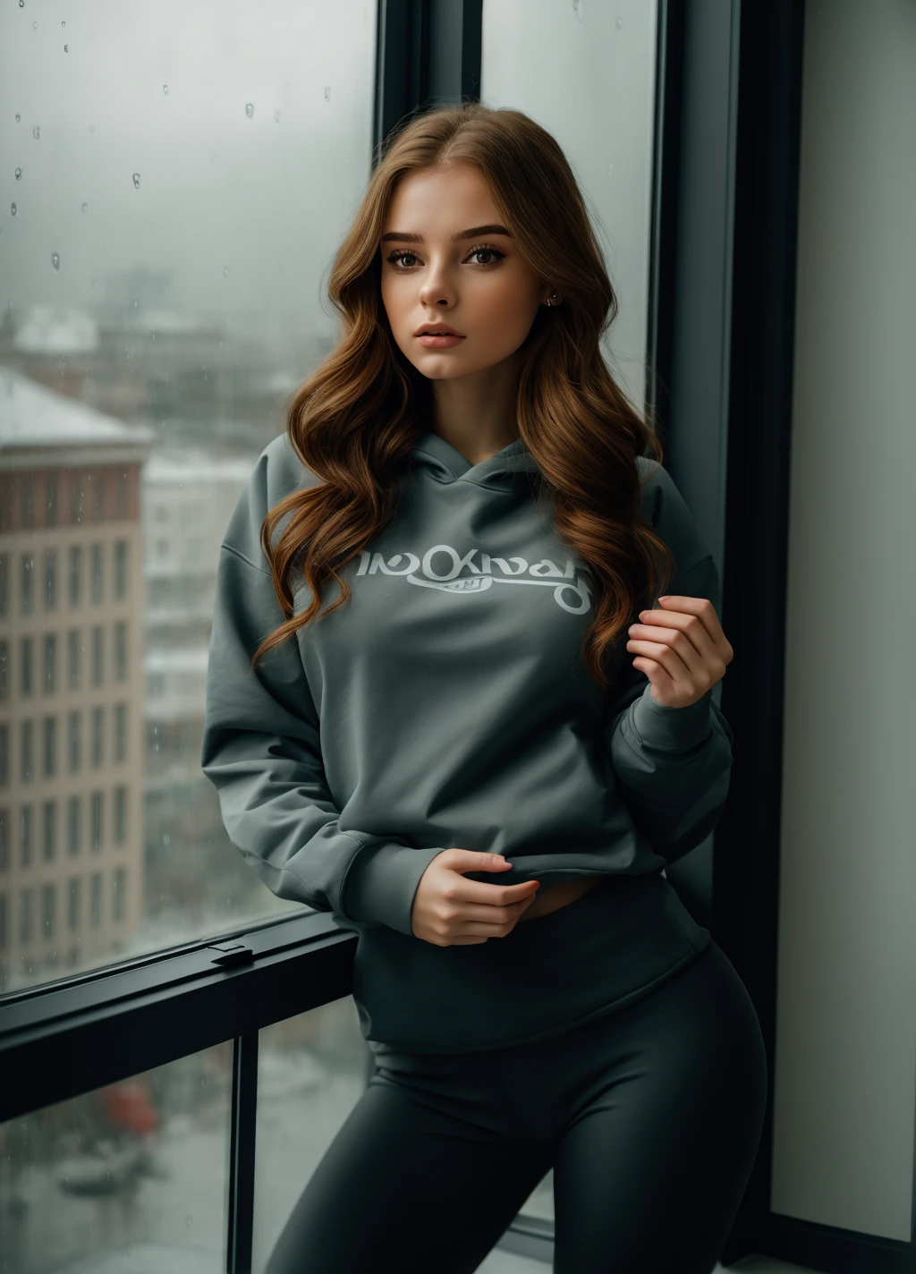 <lora:@lekG:1> @lekg_girl, (((masterpiece))),(((best quality))),highly detailed, (1girl), standing in front of a window, wearing yoga pants and sweatshirt, raining outside, detailed water, city lights reflecting off the window, dusk, dynamic lighting, shadows, kodak film, high budget, bokeh, moody, epic, gorgeous, film