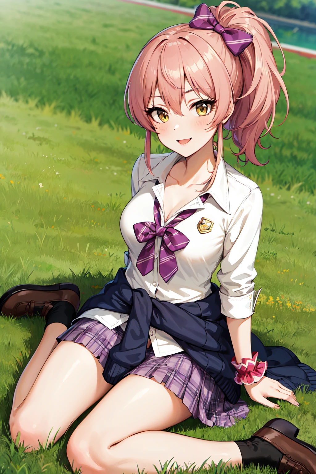 masterpiece, best quality, highres, aamika, ponytail, hair bow, collarbone, school uniform, striped, bowtie, collared shirt, white shirt, sleeves rolled up, wrist scrunchie,, clothes around waist, plaid skirt, purple skirt, <lora:jougasaki_mika_v1:0.7>, wariza, field, smile, grass, outdoors