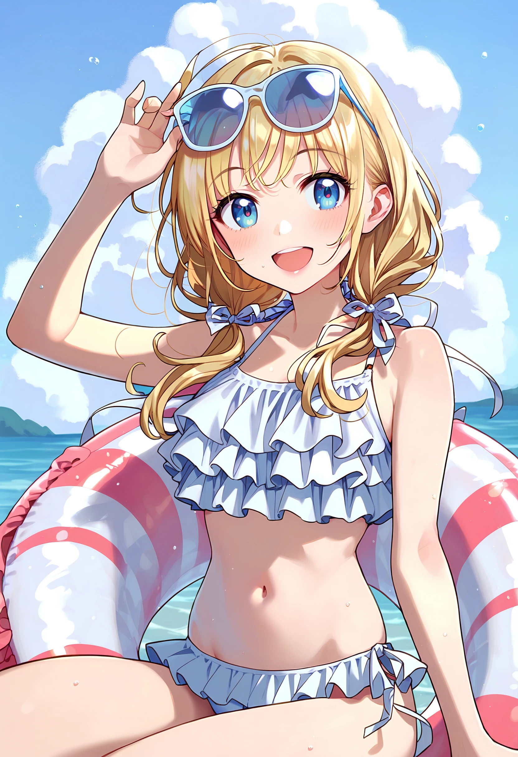 fairy_tail_style, solo, 1 girl, (young female body:1.4), (medium small breasts), golden yellow hair, extra long hair, blunt bangs, crystal blue eyes, very detailed eyes, cowboy shot, detailed eyes, beach house, sand, purple pink swim dress, tight swim dress, bikini