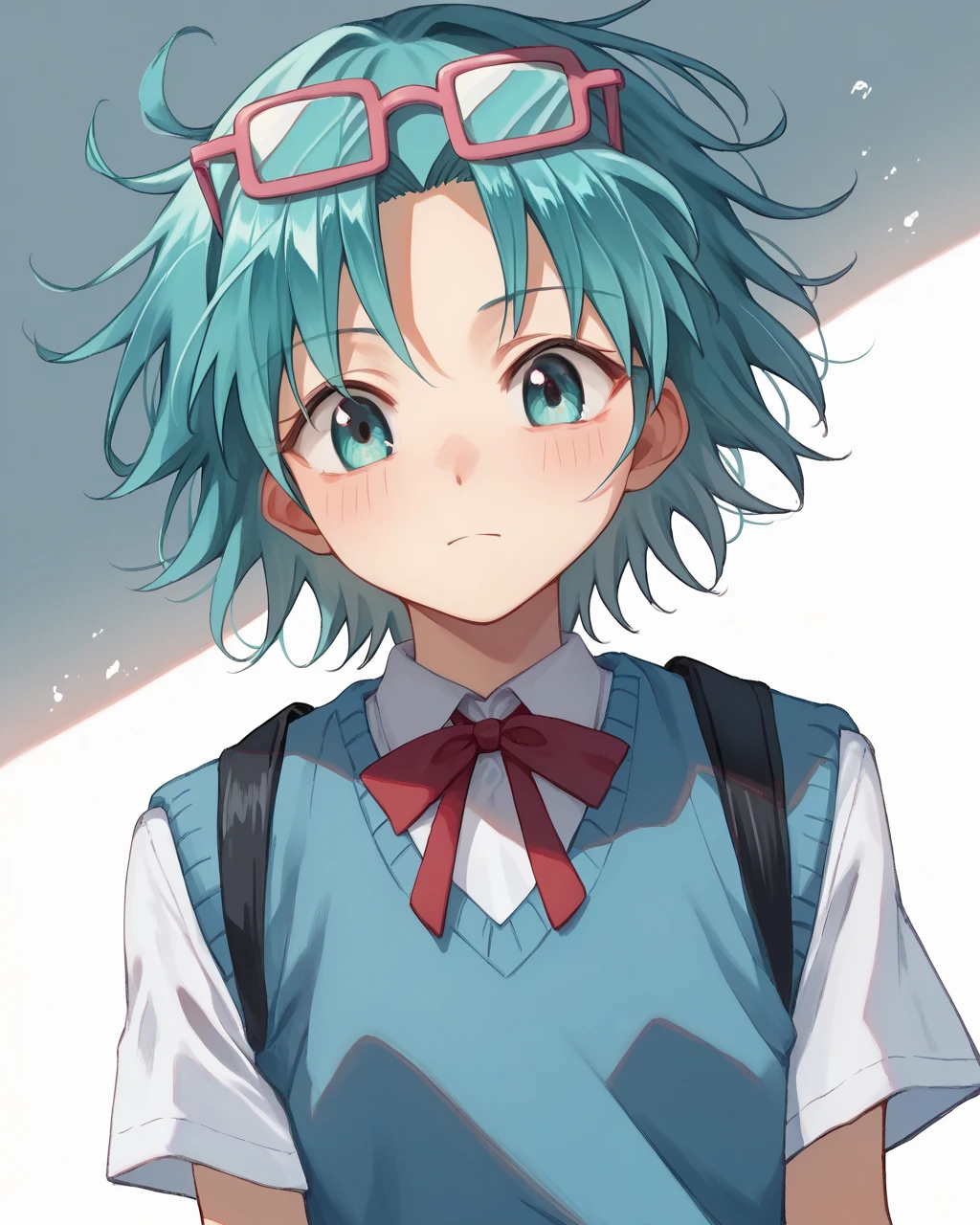 score_9, score_8_up, score_7_up,
<lora:森ãã_PONY:1>,森ãã,1girl, solo,aqua hair, aqua eyes,short hair,eyewear on head,school uniform,skirt,blue sweater vest,ribbon,