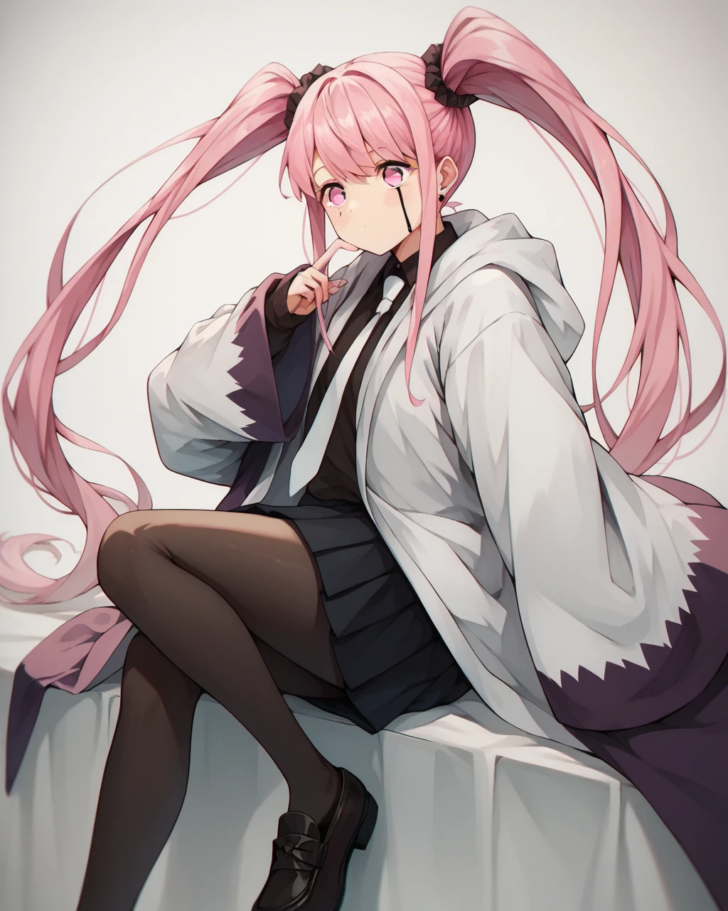 score_9, score_8_up, score_7_up,
<lora:love_cute_PONY:1>,love cute,1girl, solo, pink hair, twintails, long hair, pink eyes, skirt,black pantyhose,White necktie, sleeves past fingers, loafers, robe, sleeves past wrists,