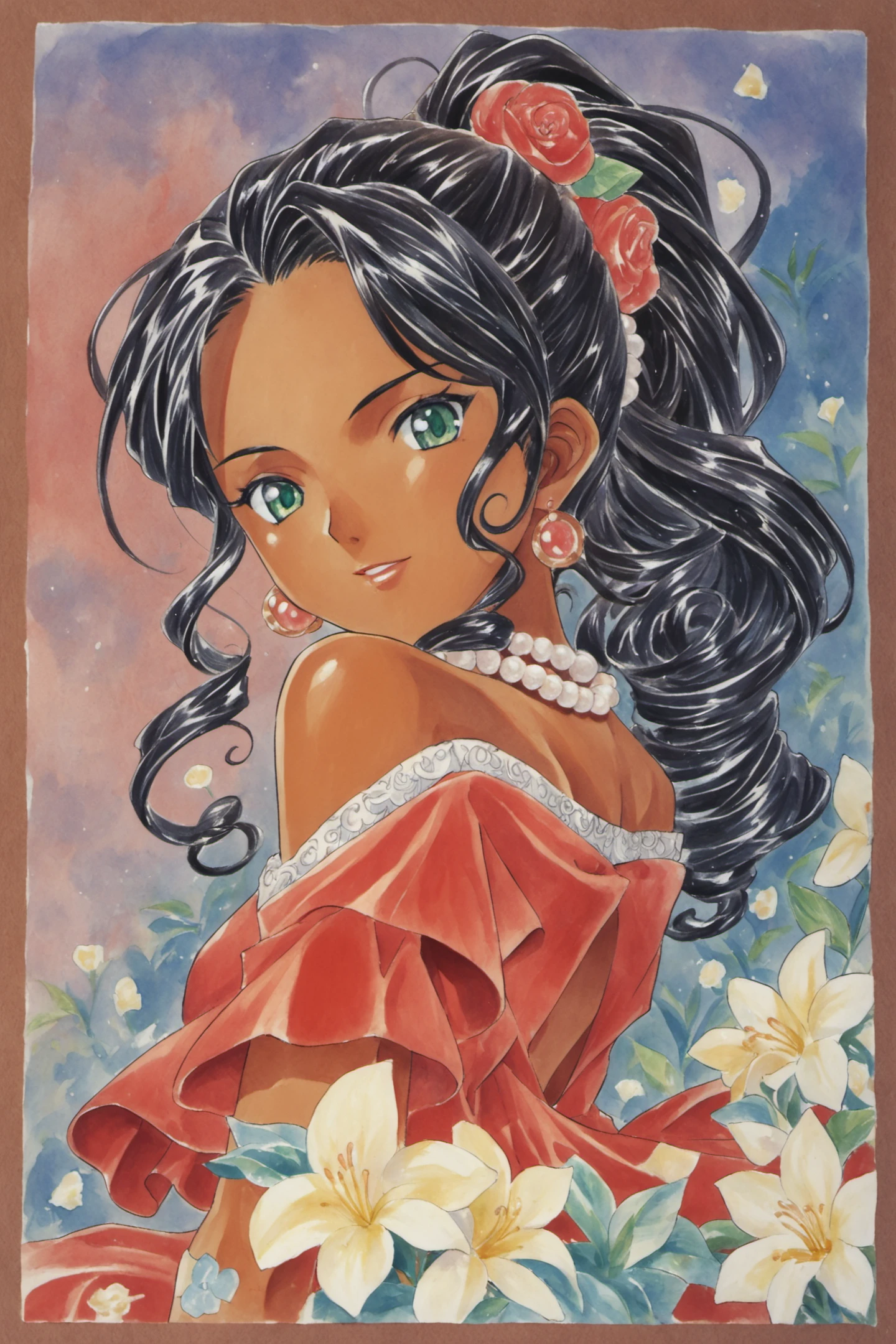 Soletta Orihime,1girl,solo,red dress,jewelry,black hair,green eyes,necklace,earrings,long hair,off-shoulder dress,dark skin,curly hair,ponytail,pearl necklace,dark-skinned female,flower,bare shoulders,traditional media,score_9,score_8_up,<lora:Kosuke Fujishima_XL_PONY:0.8>,