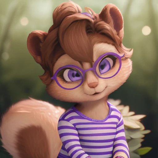 <lora:JeanetteCGI:0.8>, jeanettecgi, solo, chipmunk, furry, cub, small body, skinny, cute, purple oval glasses, (small ears), (short snout), messy hair, small hair tuft on top of head, wearing purple and white striped shirt and dark blue polka skirt, close up, outdoors, masterpiece, detailed background