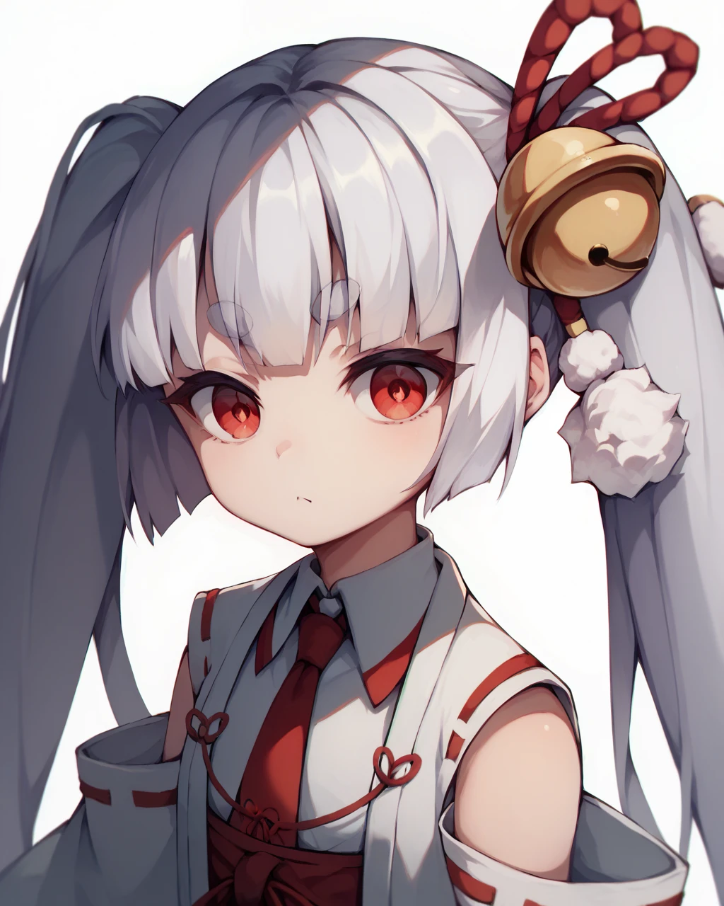 score_9, score_8_up, score_7_up,
<lora:Tsukuyo_Inaba_PONY:1>,tsukuyo inaba, 1girl, solo, red eyes,very long hair,twintails,white hair,hair ornament, bangs, thick eyebrows,hair bell, jingle bell, detached sleeves, japanese clothes,miko,necktie,