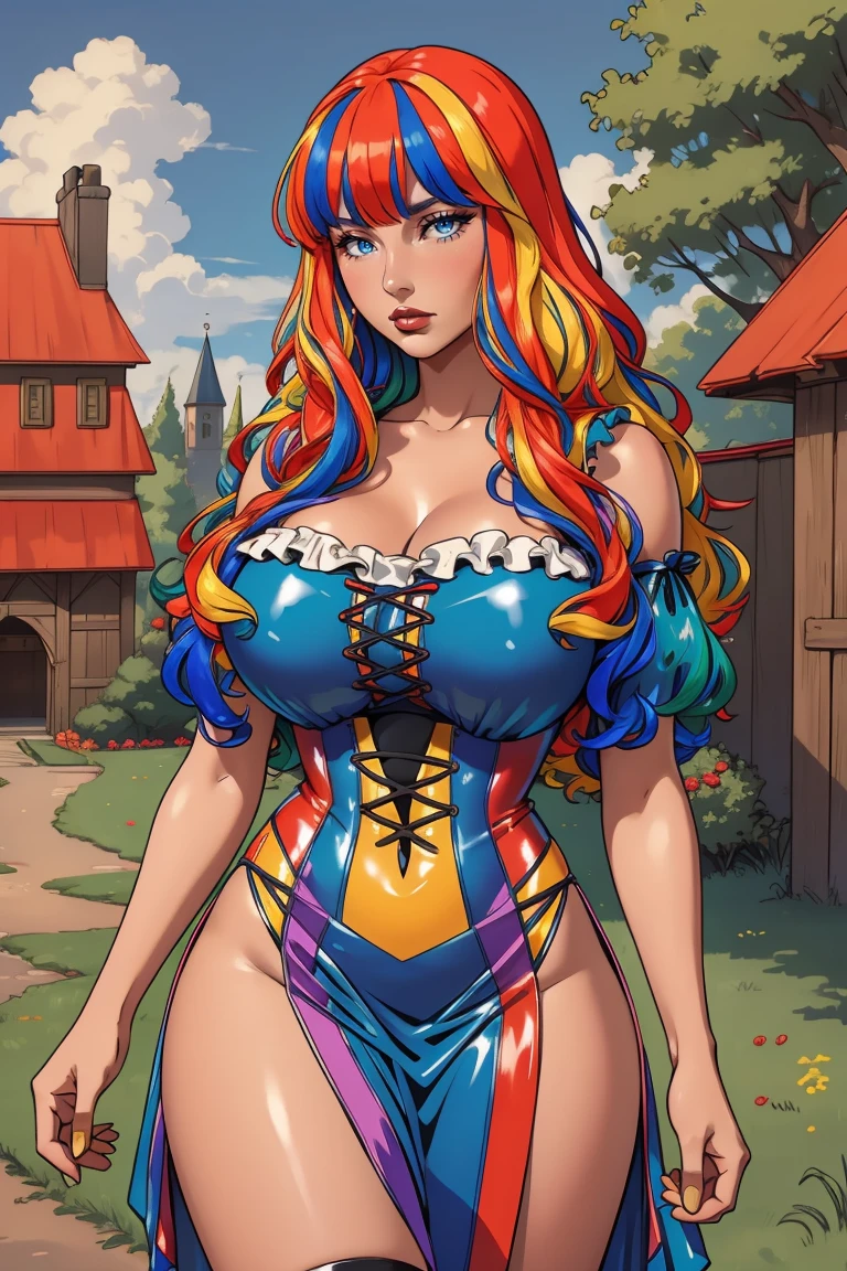 portrait, adult, woman, large breasts, wearing HUD_Rbw_Wg, multicolored wig, bangs, wearing a Stitched Tulle lining (latex dress) in ((Medieval fashion)), <lora:wig_test:0.55>, outdoors