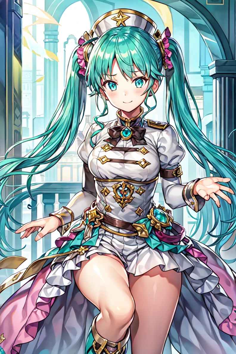 ae-melody, 1girl, solo, long_hair, twintails, hat, blush, aqua_hair, looking_at_viewer, aqua_eyes, knee_boots, hair_ornament, floating_hair, long_sleeves, puffy_sleeves, dress, smile, upper body