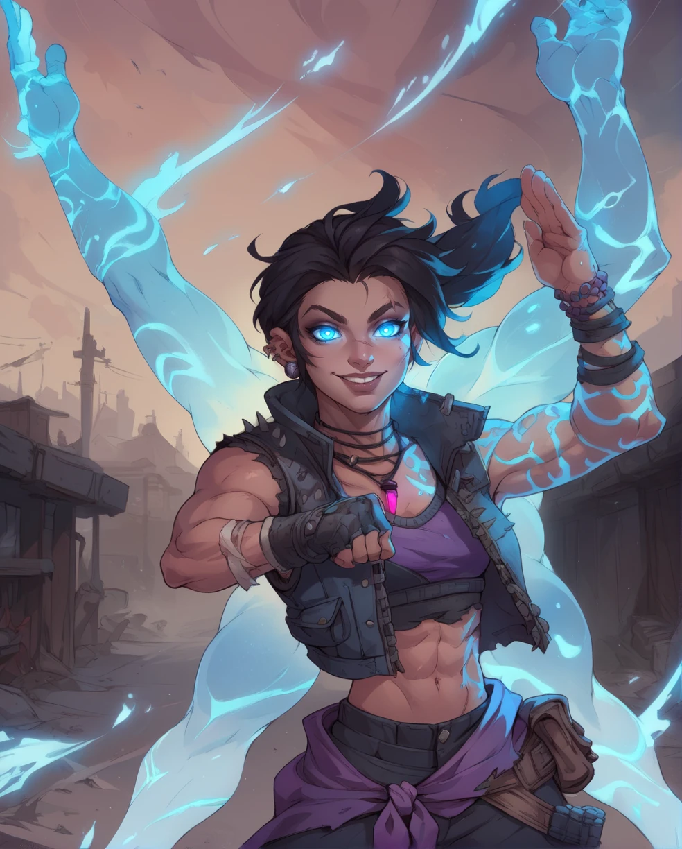 score_9,score_8_up,score_7_up,
Amara,black hair,ponytail,toned,blue left arm tattoo,scars,smiling,glowing,glowing eyes,glowing tattoos on left side of body,blue eyes,
right fingerless glove,ear piercing,midriff,crop top,torn clothes,vest,bracelet,pants,necklace,belt,
standing,upper body,flexible,floating magical arms on back,
wasteland,<lora:Amara:1>,