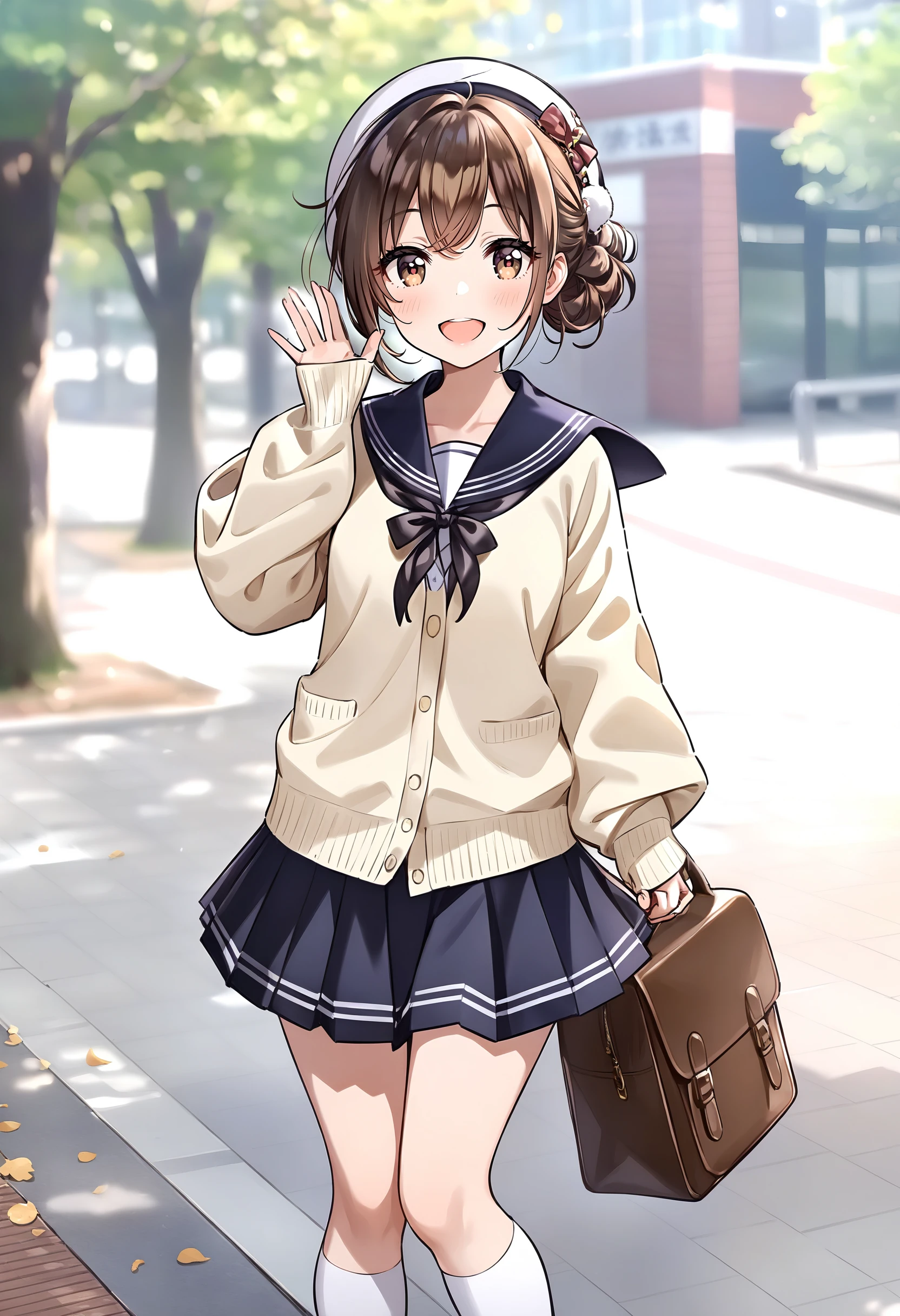 <lora:Animagine_Style8356194477-000450>, 1girl, solo, bangs, blush, smile, looking at viewer, masterpiece, best quality, very aesthetic, absurdres, :d, bag, black ribbon, black skirt, brown eyes, brown hair, cardigan, full body, hair bun, hair between eyes, hat, hat bow, kneehighs, long sleeves, open mouth, outdoors, ribbon, school uniform, serafuku, shirt, short over long sleeves, single hair bun, skirt, socks, standing, white headwear, white shirt, white socks, wide sleeves,