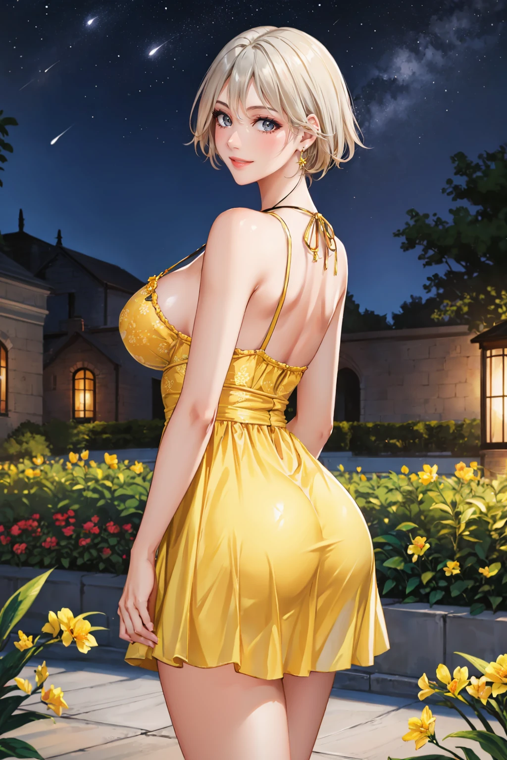 masterpiece, best quality, <lora:doachristie-nvwls-v1-000008:0.9> doachristie, earrings, yellow sundress, huge breasts, from behind, smile, garden, night sky <lora:edgChamYellowSundress:0.4> edgYSD,woman wearing a yellow sundress