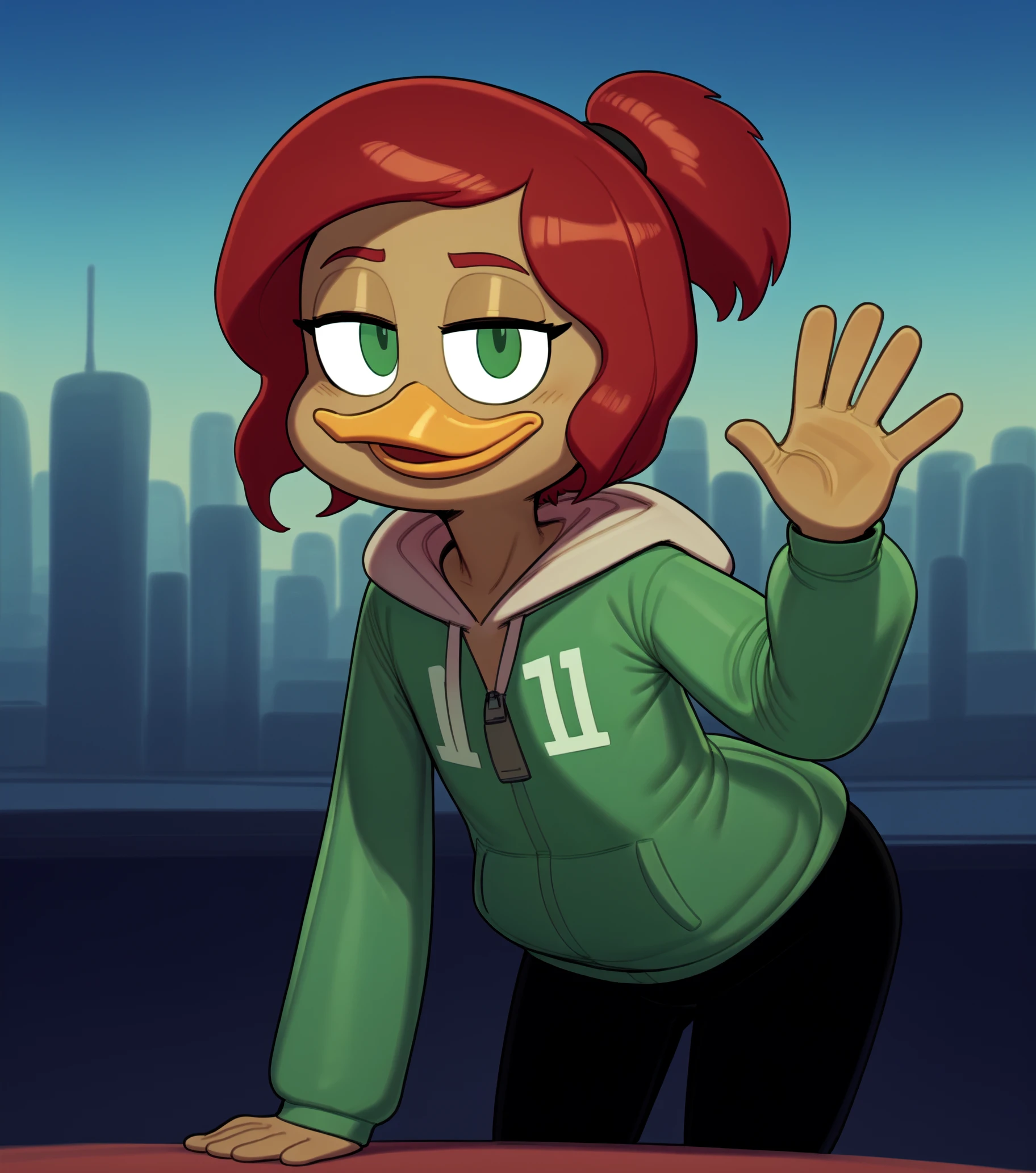 by sususuigi, by by lenyavok, by the-minuscule-task, by drockdraw (masterpiece, high quality, full-length portrait) (detailed background, cityscape:1.3) BREAK gosalyn waddlemeyer, solo:1.2, (light brown skin:1.35), green eyes, ducktales, eyeliner, zipper (flat chested:1.2) (leaning forward, waving at viewer:1.2) (narrowed eyes, seductive:1.1) (green clothing, hoodie, number on clothing, black pants, white boots:1.3) (red hair, ponytail:1.2) (young, short:1.4) duck, beak <lora:DrockFurXL:0.7> <lora:hll6.3-a9-eps:0.7> <lora:Gosalyn Waddlemeyer V1:0.55>