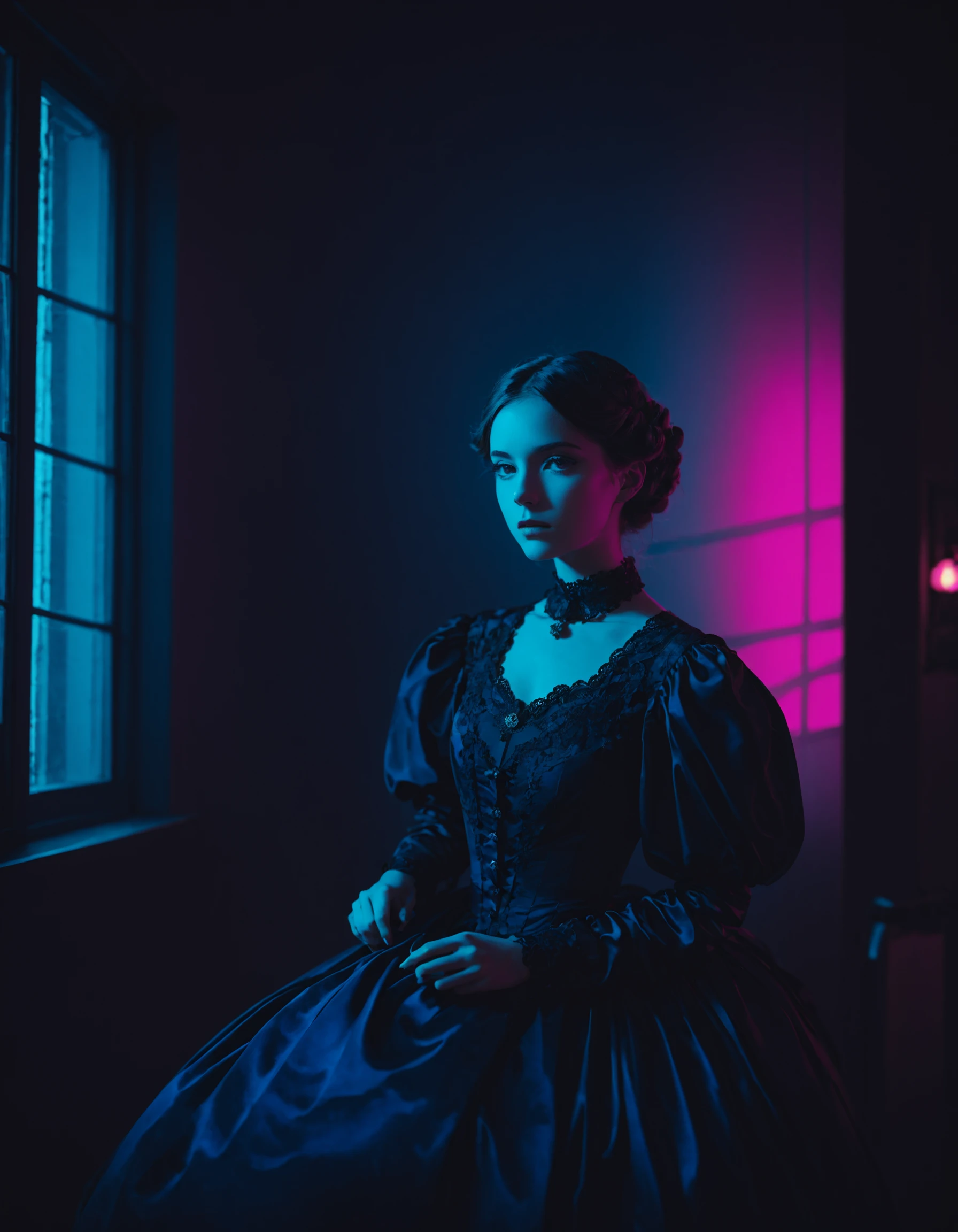 1girl, female focus, victorian dress, color gel, dsktnexl, duotone photography, neon lighting, window, <lora:DsktneXL:1>