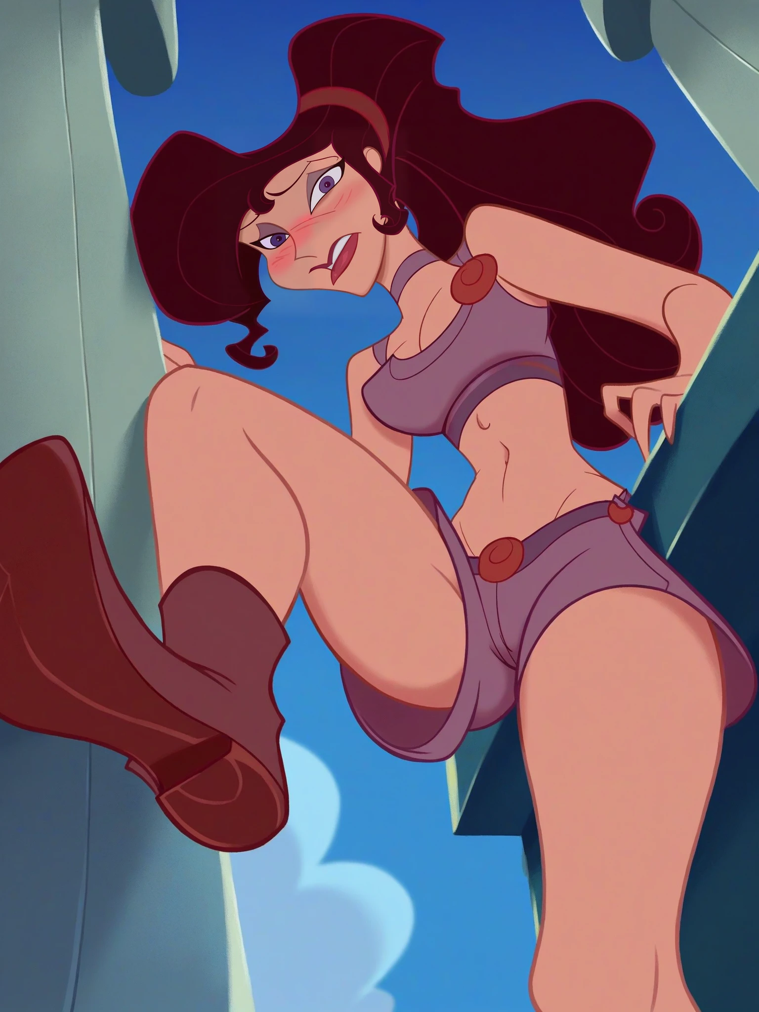 <lora:Megara:0.9> pov, m_ra, 1girl, brown hair, purple eyes, oversized clothes, shorts, choker, looking at viewer, pussy peek, from below, blush, street, navel, shoe soles, boots, leg up, thighhighs,, score_9, score_8_up, score_7_up,
