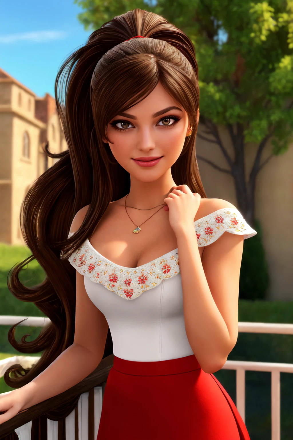 beautiful eyes, beautiful girl, high detail skin, high detail eyes, high detail hair, highres, ultra detailed, sharpen picture, Highly detailed, masterpiece, best quality, photorealistic,
<lora:Maria PosadaLora:0.55>1girl, red skirt, dress:1.2, cleavage, very long hair, ponytail, necklace, off shoulder, sexy pose, smile