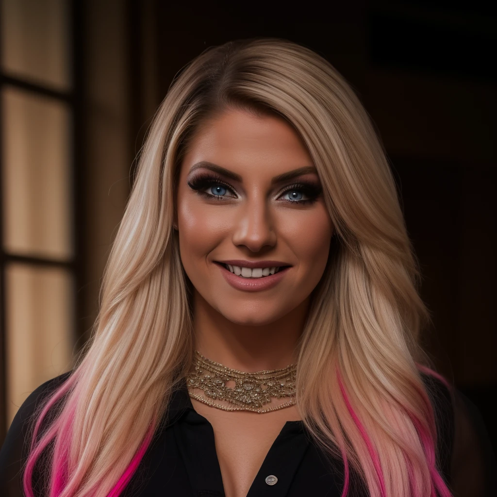 Best_QualityPos, RAW photo, intricate details, best quality, 8k uhd, soft lighting, 1girl, solo, alexa bliss, blue eyes, long hair, multicolored hair, pink hair, blonde hair, black collared shirt <lora:Alexa_Bliss:0.6> <lora:exposure_control_v10:-0.45>