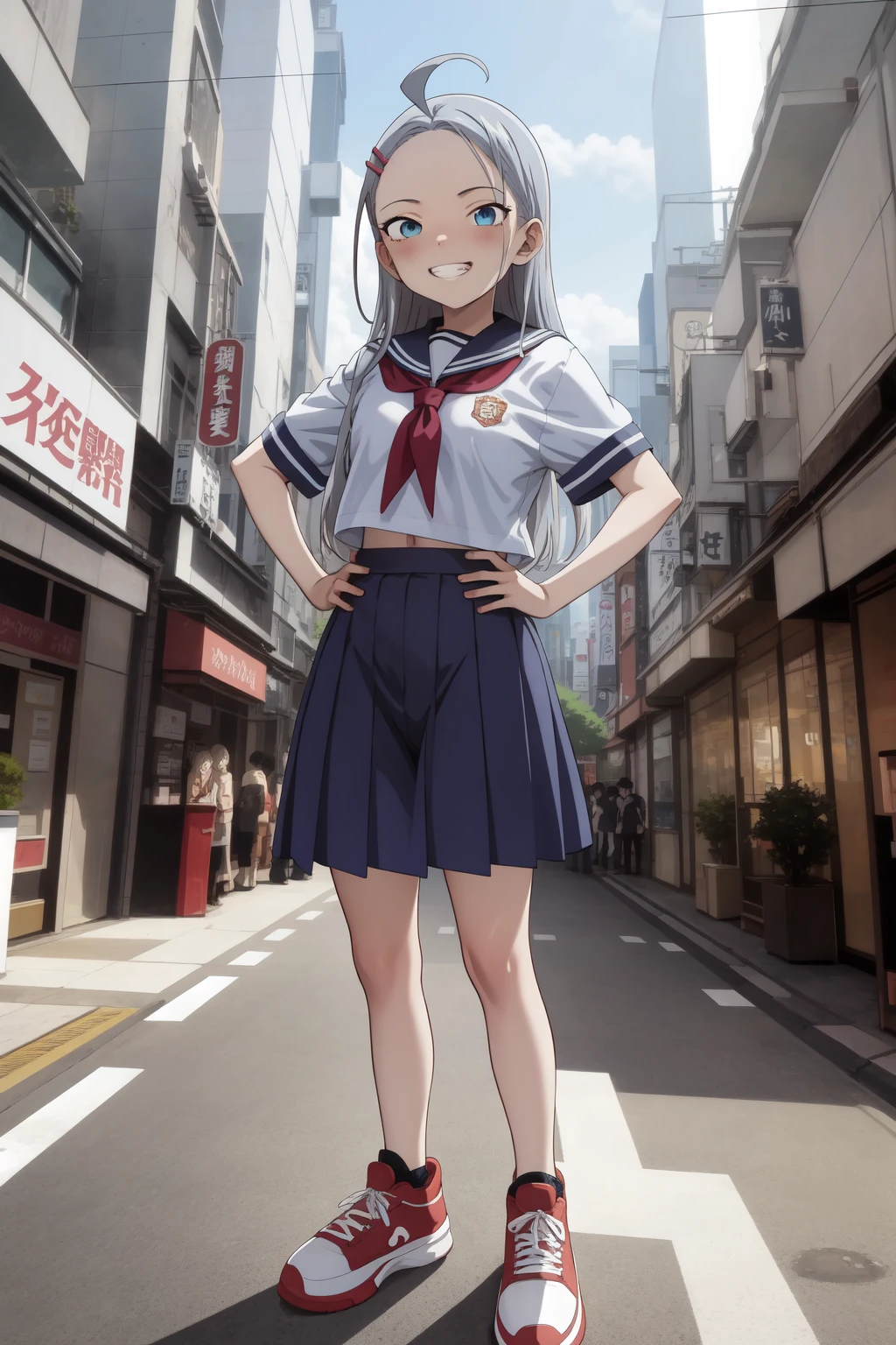 (absurdres, official art, illustration, anime:1.2),
1girl, grin, blue eyes, grey hair, hair ornament, long hair, hairclip, ahoge, forehead, flat chest
BREAK serafuku, uniform, short sleeves, blue skirt, red sneakers, hands on own hips
BREAK contrapposto, full body, wide shot, detailed background, tokyo, city, bustling street