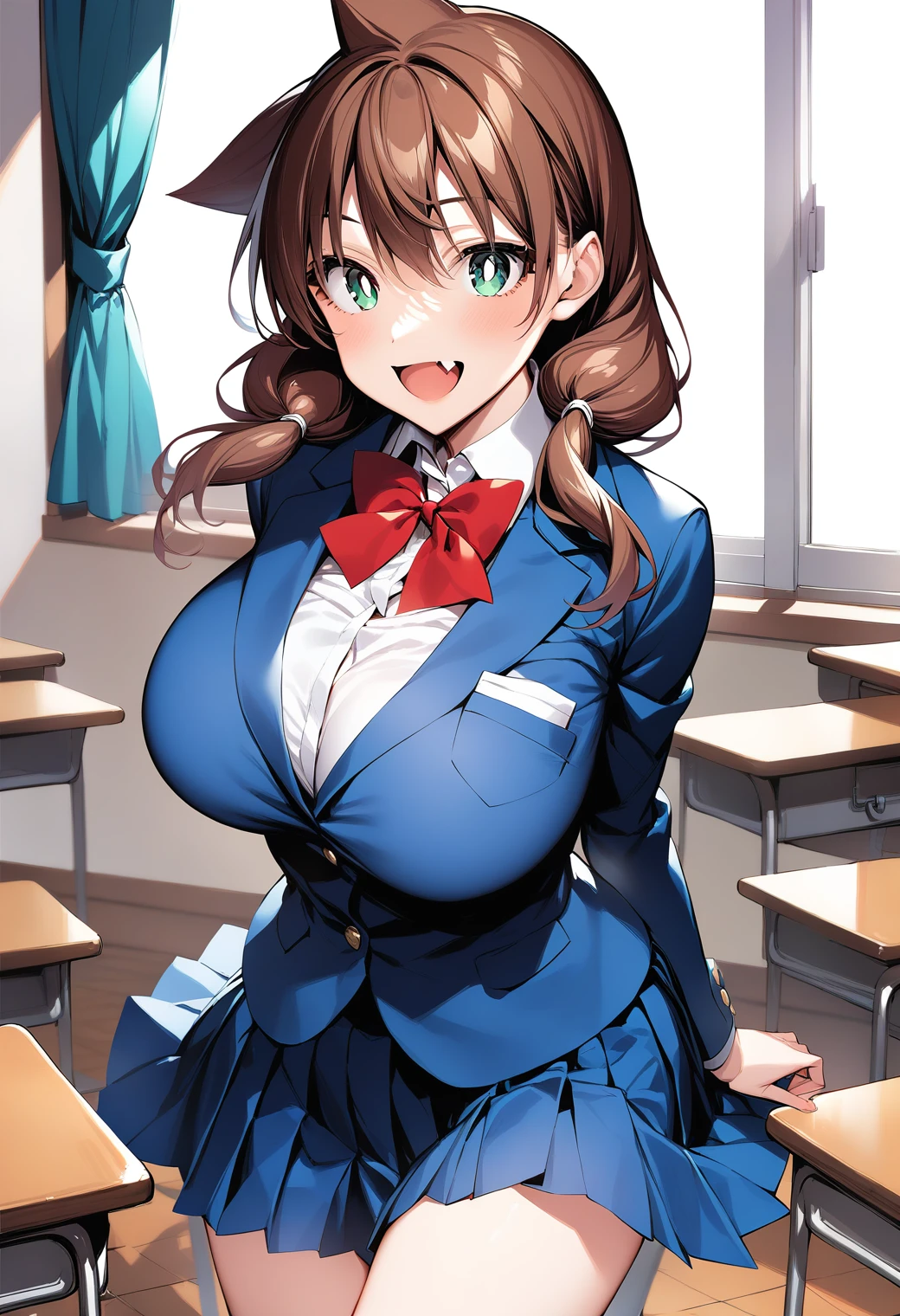 1girl, solo, large breasts, cowboy shot, (classroom:1.2), smile, open mouth, (fang:1.2),
amano_megumi, green eyes, bright pupils, white pupils, brown hair, low twintails, school uniform, red bowtie, blazer, pleated skirt, blue skirt, <lora:amano_megumi_pony_ver1:0.7>, score_9, score_8_up, score_7_up, BREAK source_anime, best quality, masterpiece, uncensored, solo,