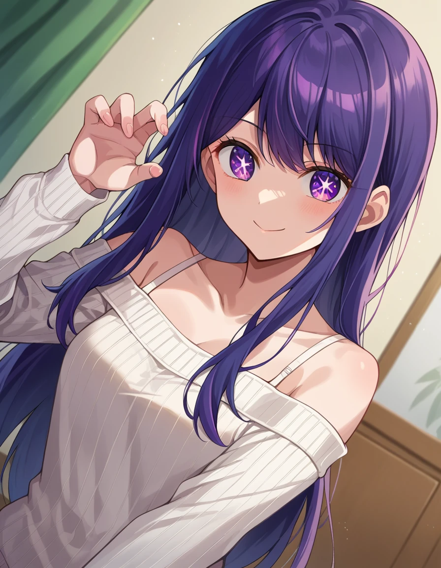 score_9, score_8_up, score_7_up, source_anime,
aihoshino, <lora:ai-hoshino-ponyxl-lora-nochekaiser:1>,
ai hoshino, long hair, bangs, purple eyes, purple hair, symbol-shaped pupils, smile,
long sleeves, sweater, ribbed sweater, camisole, white camisole,
indoors,
looking at viewer, cowboy shot, dutch angle, dynamic pose,