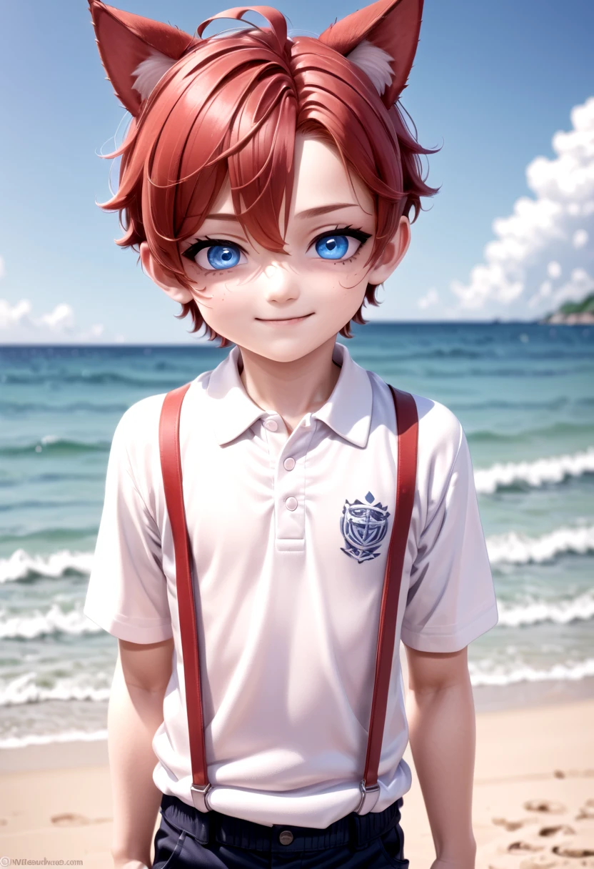 <lora:Aki_epoch_13:0.6>, (1boy:1.2), beach, smile, ( crimson cat ears:1.4), (red ears), male face, male body, more details in eyes, (very short hair:1.2), hair between eyes, cute, adorable boy, cute face, detailed face, handsome, young, juvenile, white skin, eyeshadow, crew cut, crimson hair, details sky, looking at viewer, blush, blue eyes, full shot, red suspenders, (pants), (white polo shirt), aki,petite,
(masterpiece:1.2), best quality, high resolution, unity 8k wallpaper, (illustration:0.8), (beautiful detailed eyes:1.6), extremely detailed face, perfect lighting, extremely detailed CG, (perfect anatomy),