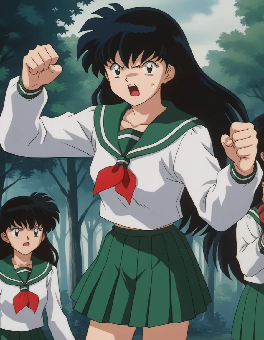score_9, score_8_up, score_7_up, source_anime,
kagomehigurashi, <lora:kagome-higurashi-ponyxl-lora-nochekaiser:1>,
kagome higurashi, long hair, black hair, retro artstyle, brown eyes, angry, anger vein, shouting, open mouth,
skirt, shirt, long sleeves, school uniform, white shirt, pleated skirt, serafuku, sailor collar, neckerchief, green skirt, red neckerchief,
outdoors, forest, nature,
looking at viewer,