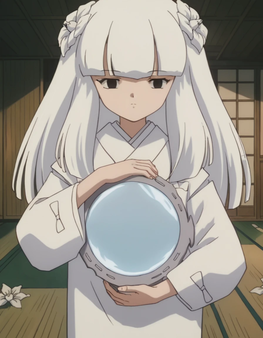 score_9, score_8_up, score_7_up, source_anime,
inuyashakanna, <lora:inuyasha-kanna-ponyxl-lora-nochekaiser:1>,
kanna, long hair, bangs, hair ornament, flower, white hair, hair flower, blunt bangs, black eyes,
japanese clothes, kimono, white kimono,
indoors, dojo,
looking at viewer,
