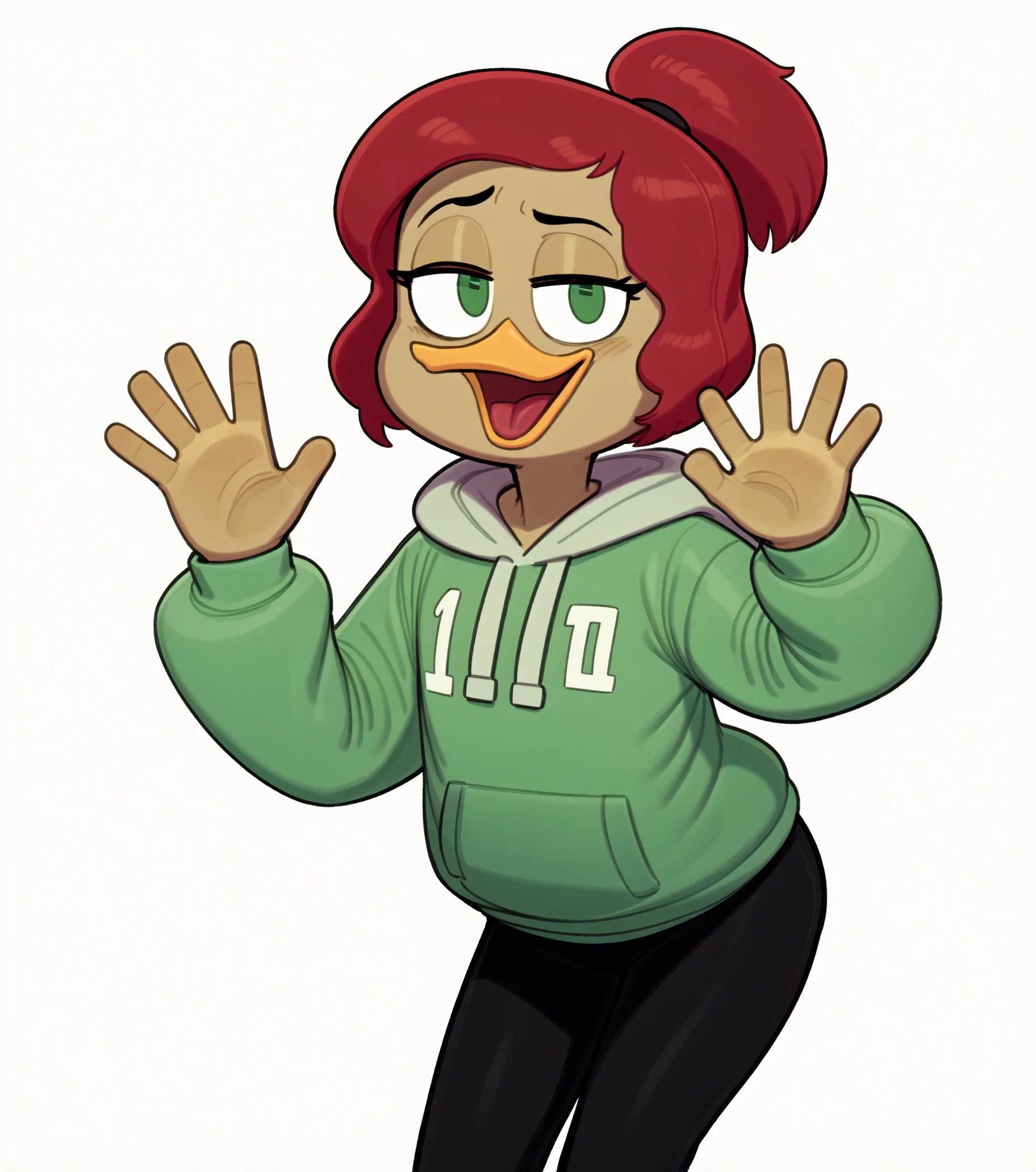 by sususuigi, by by lenyavok, by the-minuscule-task, by drockdraw (white background, masterpiece, high quality, full-length portrait, ) BREAK gosalyn waddlemeyer, solo:1.2, (light brown skin:1.35), green eyes, ducktales, eyeliner, (flat chested:1.2) (leaning forward, waving at viewer:1.2) (narrowed eyes, raised eyebrow, smile, tongue, open mouth:1.1) (green clothing, hoodie, number on clothing, black pants, white boots:1.3) (red hair, ponytail:1.2) (young, short:1.4) duck, beak <lora:DrockFurXL:0.7> <lora:hll6.3-a9-eps:0.7> <lora:Gosalyn Waddlemeyer V1:0.55>