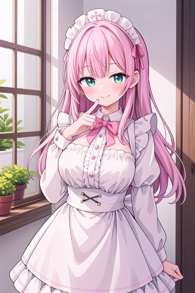 insanely detailed, absurdres, ultra-highres, ultra-detailed, best quality,
1girl, solo, nice hands, perfect hands,
BREAK
apron, blush, bow, bowtie, frilled apron, frills, long sleeves, maid, maid apron, maid headdress, waist apron, white apron
BREAK
smile, closed mouth
BREAK
finger to mouth, index finger raised, shushing, cowboy shot, looking at viewer,
BREAK
slender, kawaii, perfect symmetrical face, ultra cute girl, ultra cute face, ultra detailed eyes, ultra detailed hair, ultra cute, ultra beautiful,
BREAK
day, flower, ivy, leaf, indoors, open door, plant, potted plant, vines, window,
BREAK
white (pink:1.2) hair, green eyes, long hair, medium breasts, bangs, eyebrows visible through hair,