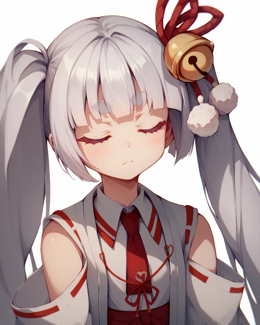 score_9, score_8_up, score_7_up,
<lora:Tsukuyo_Inaba_PONY:1>,tsukuyo inaba, 1girl, solo,closed eyes, red eyes,very long hair,twintails,white hair,hair ornament, bangs, thick eyebrows,hair bell, jingle bell, detached sleeves, japanese clothes,miko,necktie,