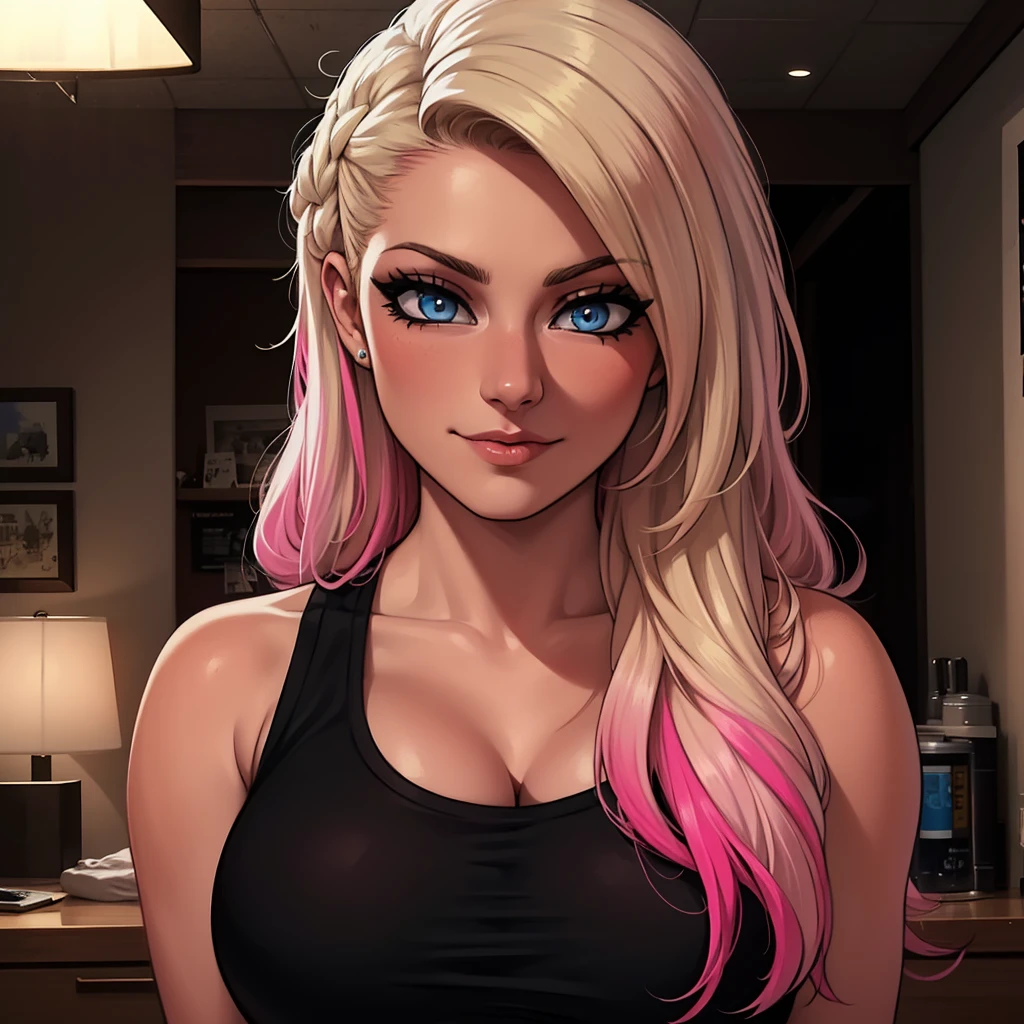 Best_QualityPos, RAW photo, intricate details, best quality, 8k uhd, soft lighting, 1girl, solo, alexa bliss, blue eyes, long hair, multicolored hair, pink hair, blonde hair, black tank top  <lora:Alexa_Bliss:0.6> <lora:exposure_control_v10:-0.45>