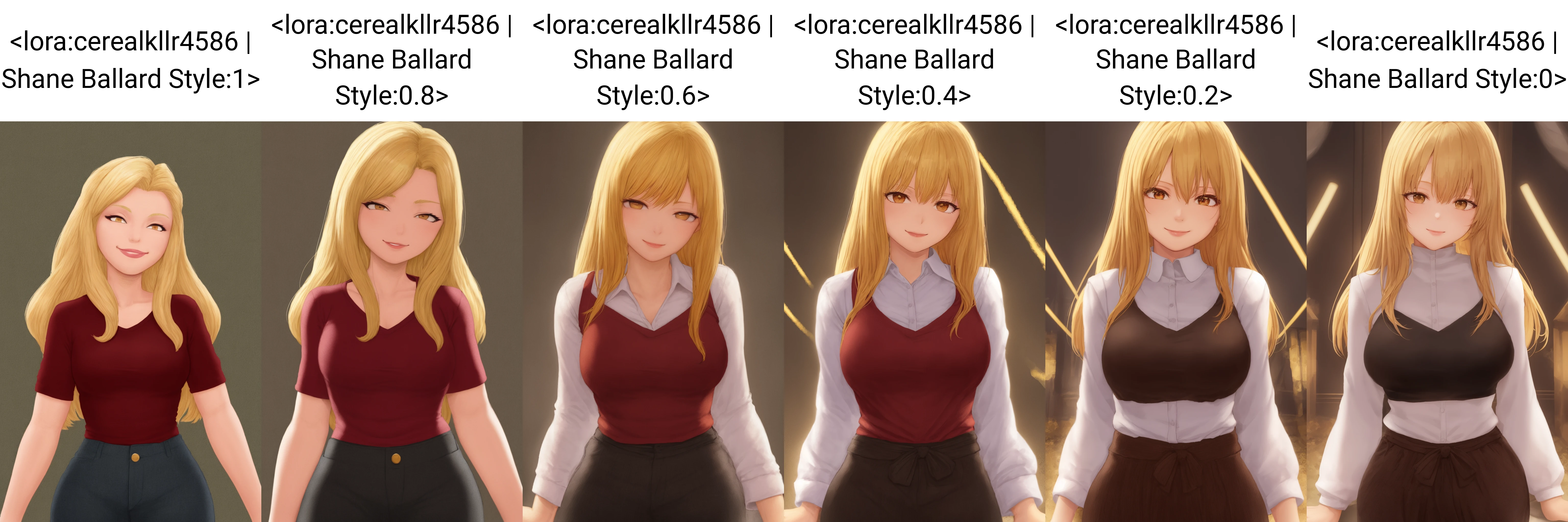 @cerealkllr4586,cerealkllr4586 \(Artist\),Shane Ballard \(Artist\), masterpiece, best quality, 1girl, waist up, brown eyes, smile, lips, blonde hair, closed mouth, looking at viewer, wide hips, wearing glowing collared shirt and pants, background: Changzhou, solo,<lora:cerealkllr4586 | Shane Ballard Style:1>