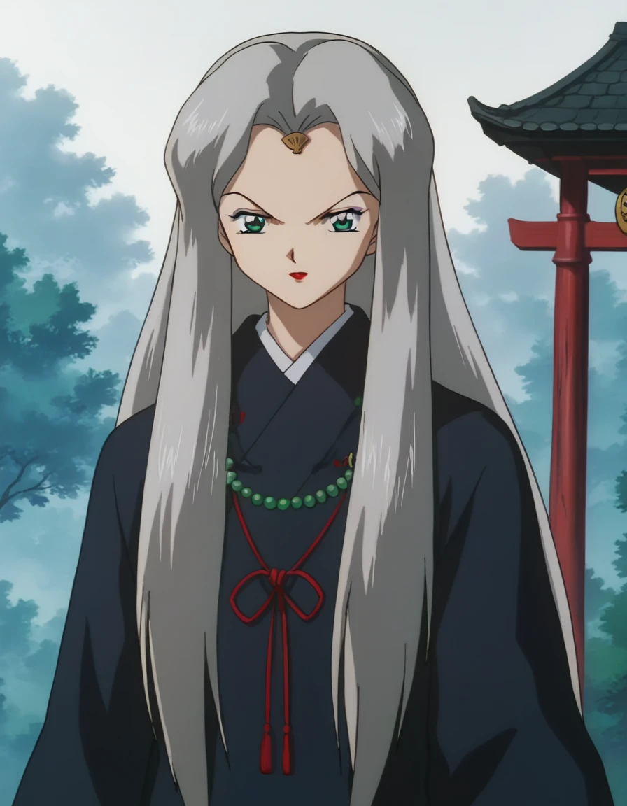 score_9, score_8_up, score_7_up, source_anime,
inuyashatsubaki, <lora:inuyasha-tsubaki-ponyxl-lora-nochekaiser:1>,
tsubaki, long hair, very long hair, green eyes, grey hair, makeup, lipstick, retro artstyle, 1990s \(style\),
long sleeves, jewelry, japanese clothes, robe, beads,
outdoors, shrine,
looking at viewer,