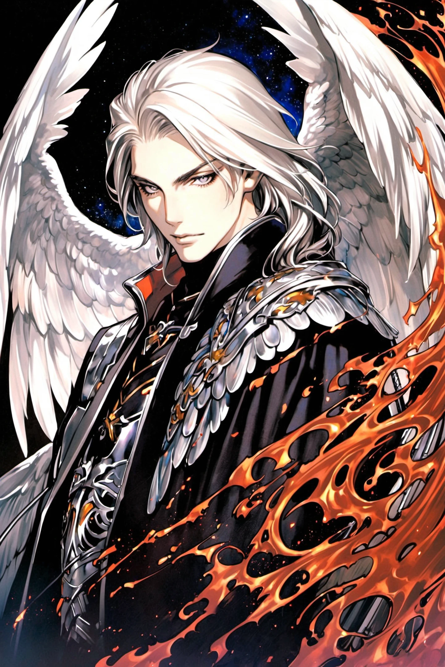 sword,weapon,1boy,wings,white hair,male focus,solo,grey eyes,upper body,looking at viewer,<lora:Ayami Kojima_XL:0.8>,