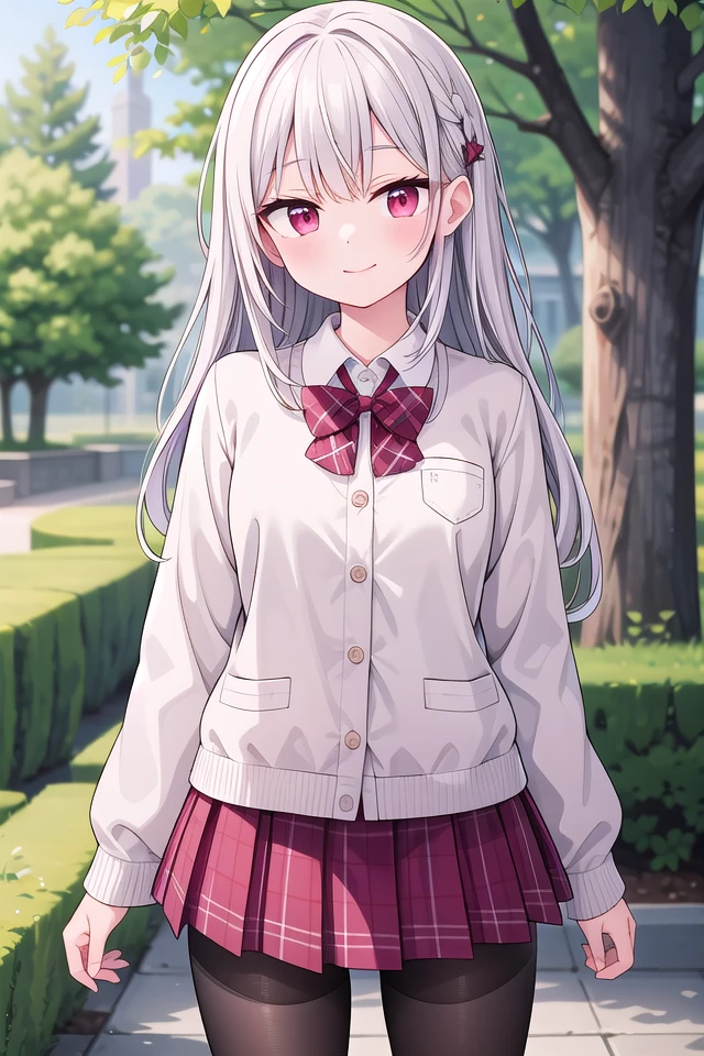 insanely detailed, absurdres, ultra-highres, ultra-detailed, best quality,
1girl, solo, nice hands, perfect hands
BREAK
(School Uniforms:1.2), (pink cardigan is fit body:1.4), ((do up a buttons, not loose):1.5), ((long sleeve, sleeves past wrists):1.2), (inner wear is white collared-shirt:1.3), (red plaid-pattern bow:1.3), (red plaid-pattern pleated skirt:1.3), ((dark-brown pantyhose, loafers):1.2)
, (cleavage:-1.5)
BREAK
happy smile, laugh, closed mouth
BREAK
(45 angle:-1.5), (from side:-1.5),
standing, cowboy shot, looking at viewer
BREAK
slender, kawaii, perfect symmetrical face, ultra cute girl, ultra cute face, ultra detailed eyes, ultra detailed hair, ultra cute, ultra beautiful
BREAK
in forest, depth of field, ultra detailed background
BREAK
medium large breasts
BREAK
(grey hair, red eyes), spiked hair,