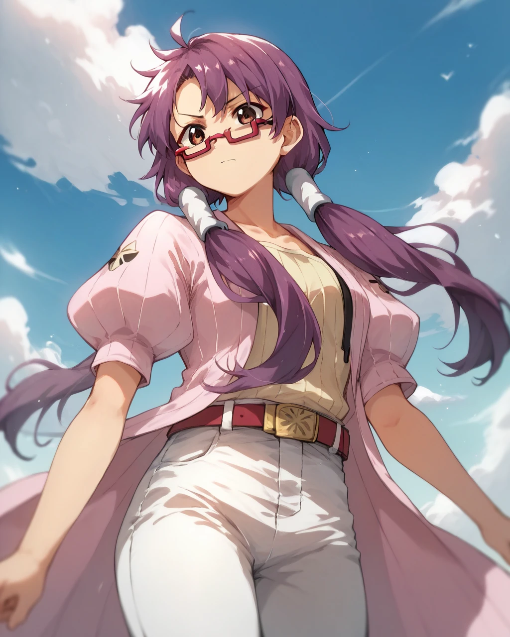 score_9, score_8_up, score_7_up,
<lora:é´å­_ã¸ã§ã©ã¼ã_PONY:1>,é´å­ ã¸ã§ã©ã¼ã, 1girl, solo, purple hair, long hair, twintails,hair tubes, brown eyes,red glasses,belt, twintails,white pants,shirt, puffy sleeves,