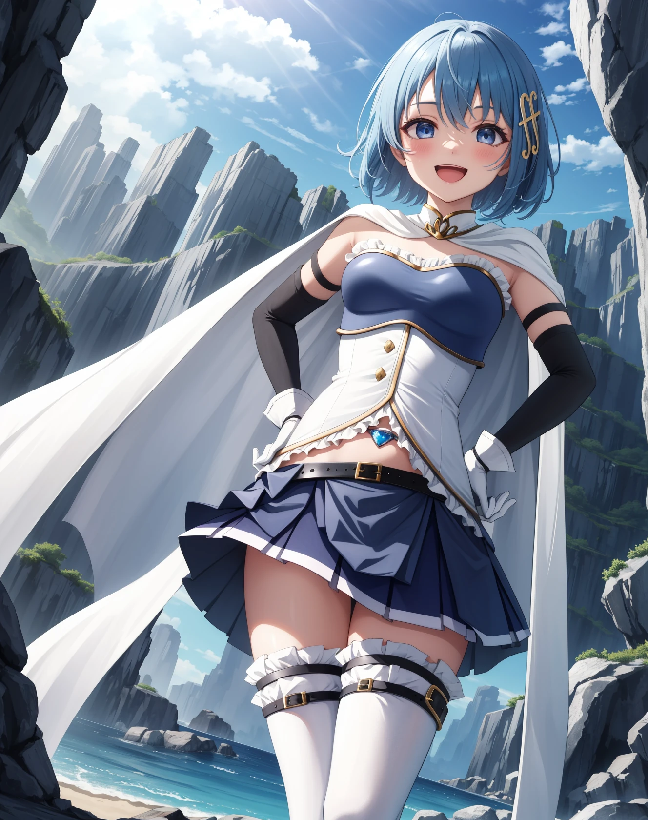 masterpiece, best quality, highres,
MikiAi, 1girl, solo, blue eyes, blue hair, blush, smile, short hair, open mouth, hairclip, hair ornament, musical note hair ornament, musical note, fortissimo,
skirt, gloves, :d, midriff, belt, cape, magical girl, armband, thighhighs, belt, white thighhighs, zettai ryouiki, white cape, white gloves,
standing, cowboy shot, looking at viewer, hands on own hips, outdoors, cave, darkness, shadow, stalactite, <lora:Miki:1>