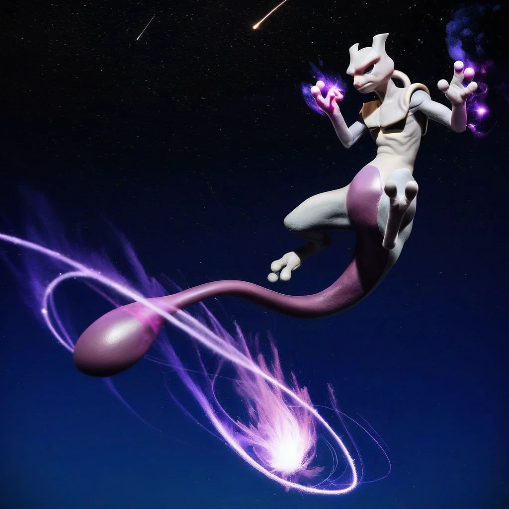 realistic, solo, creature, mewtwo, grey skin, tail, hand up, magic, floating, night, sky, star (sky)