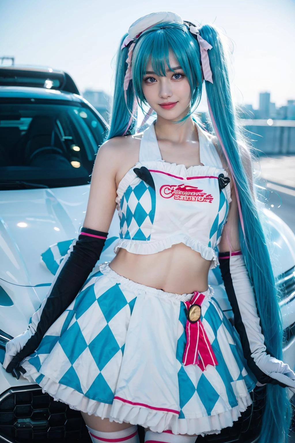 best quality, masterpiece, realistic, photorealistic, 1girl, solo, looking at viewer, smile, standing, cowboy shot, hatsune miku cosplay costume, hatsune miku, racing miku, cosplay, aqua hair, twintails, very long hair, crop top, checkered clothes, midriff, navel, multicolored gloves, elbow gloves, hair ribbon, ribbon, hat, skirt, frilled skirt, thighhighs, race vehicle, racetrack, <lora:miku_cosplay_race2019_v1:0.7>