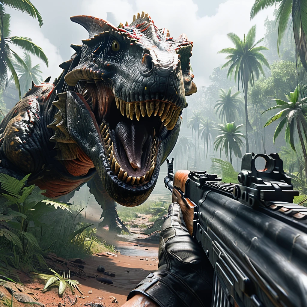 a cinematic shot of a first person shooter, aiming with an ak-47, call of dudy, shooting giant T-rex, jungle in background, AK47 Pov, HD, masterpiece, best quality, hyper detailed, ultra detailed, super realistic