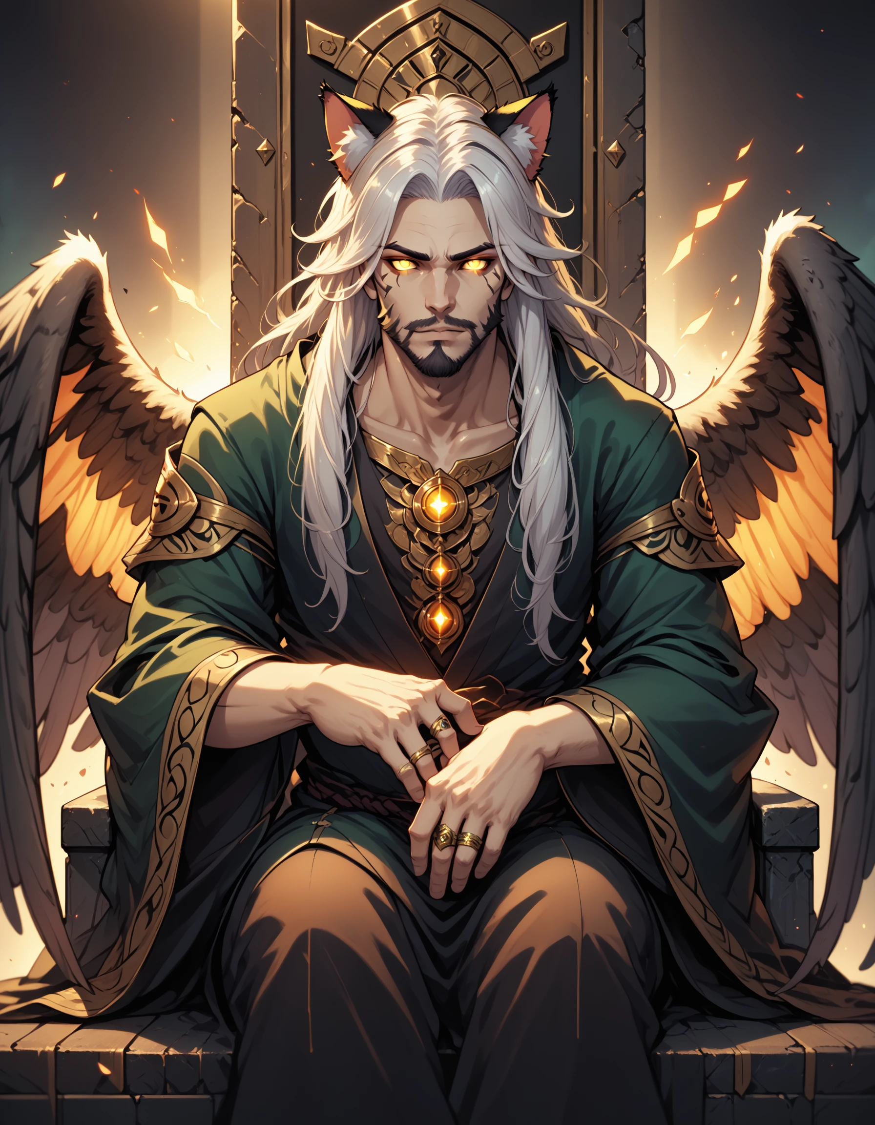 score_9, score_8_up, score_7_up, score_9, BREAK Hellaine Style, cat ears, animal ears, feathered wings, solo, long hair, looking at viewer, 1boy, jewelry, sitting, yellow eyes, white hair, male focus, wide sleeves, glowing, facial hair, ring, glowing eyes, beard, robe, throne , <lora:HellainePonyXL:1>