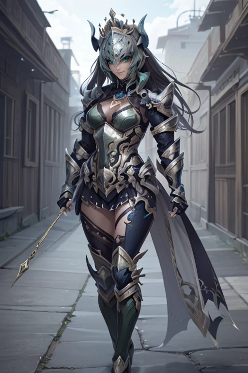 obra-prima, melhor qualidade, Mulher vestindo armadura completa do Depredador do filme, corpo completo detalhado, She wears a Predator Biomask that is covering her face, qualidade 16k, Kinematic, sombras no corpo, ruins, Full scenario