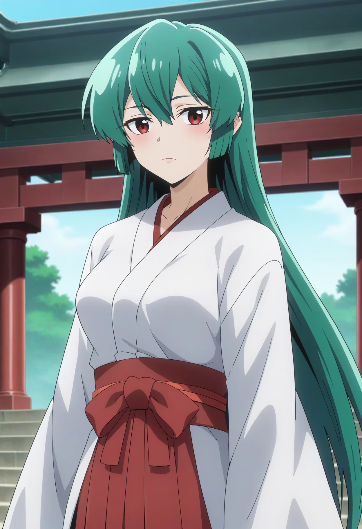 score_9, score_8_up, score_7_up, BREAK source_anime, 1girl, minakami sayo, long hair, green hair, red eyes, hakama, temple, portrait <lora:brj-sayo-ponyXL-v1:0.7>